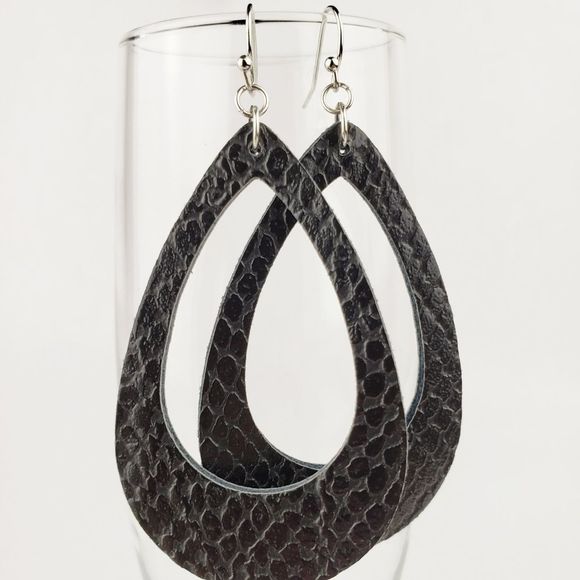 Black Textured Teardrop Faux Leather Earrings - Picture 4 of 4